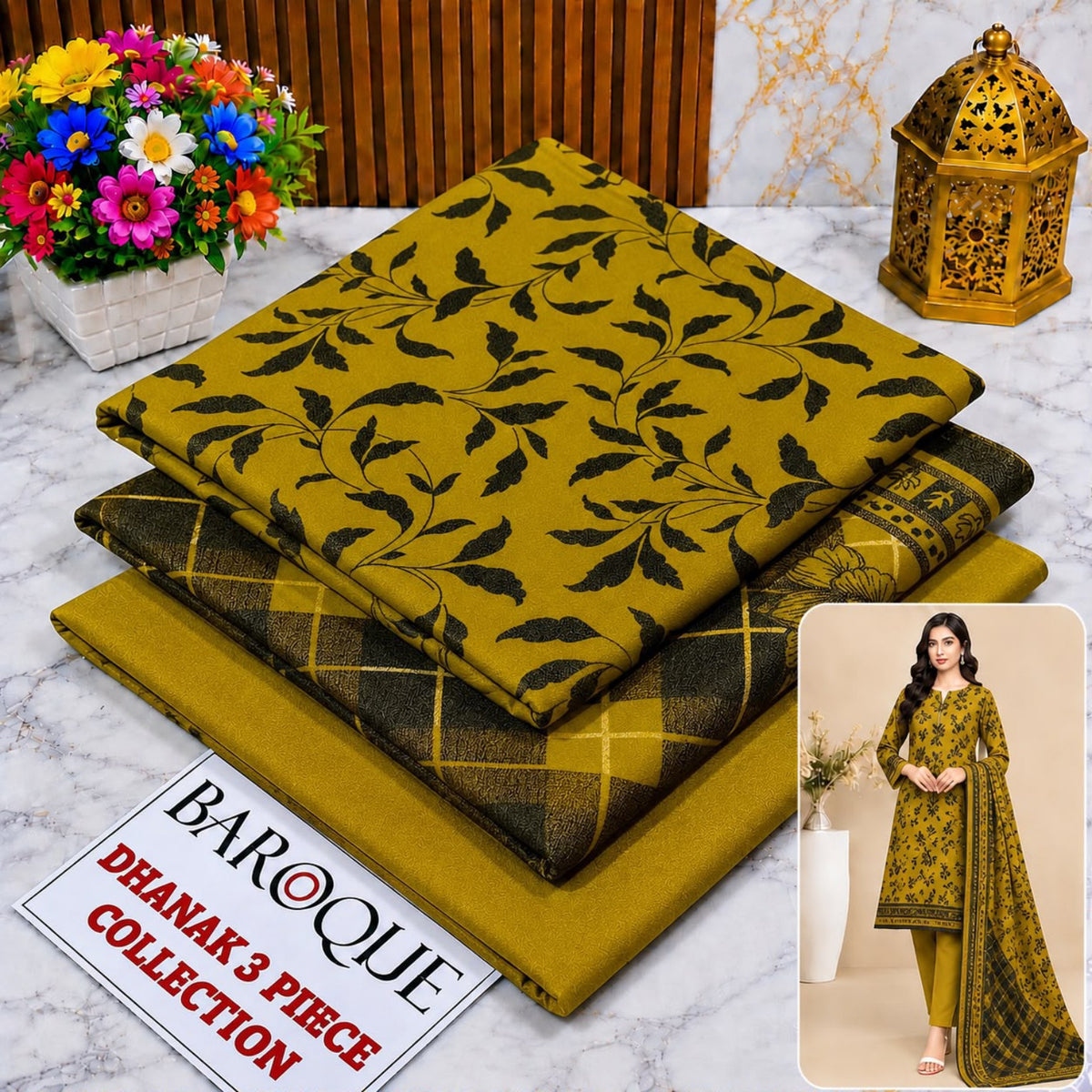 BAROQUE Dhanak 3 Piece Design 02 – Mustard Black Vine