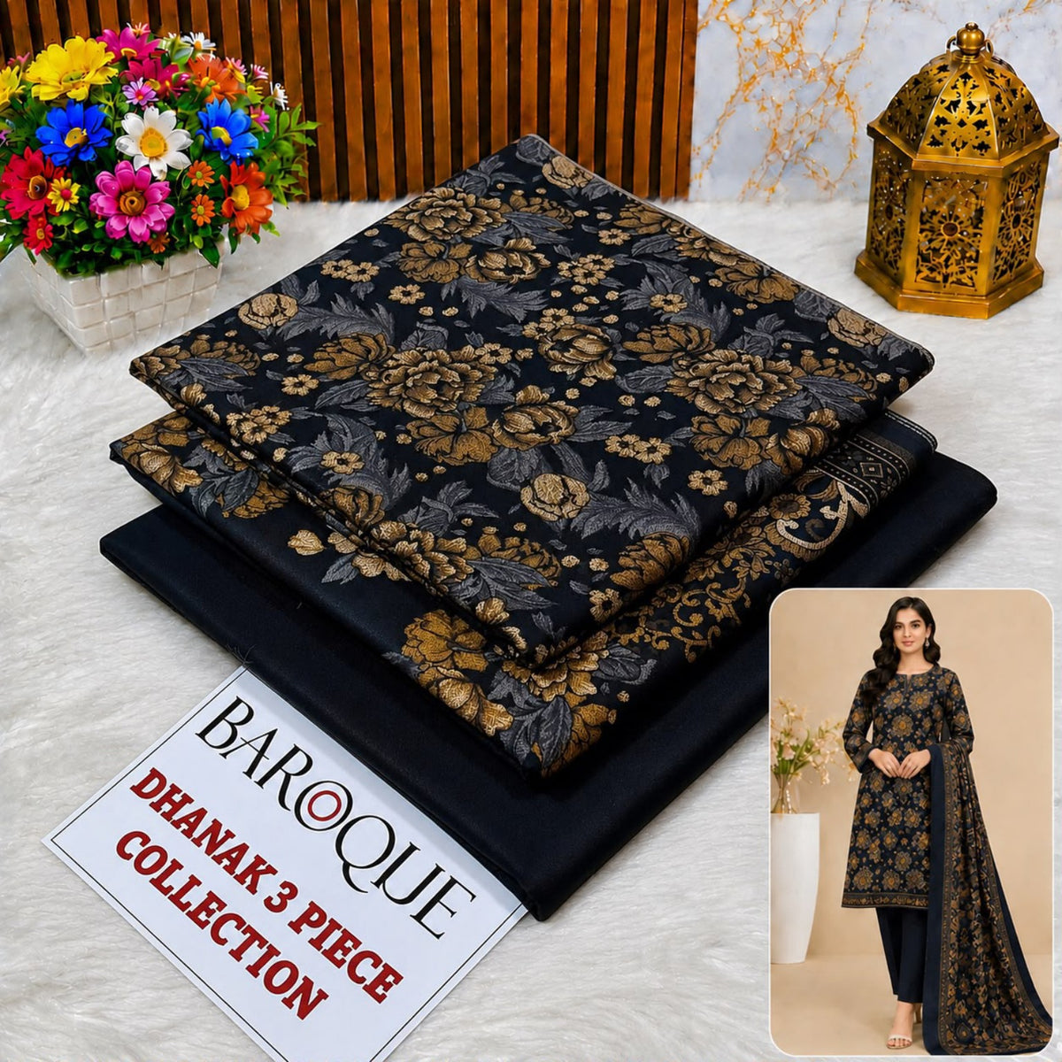 BAROQUE Dhanak 3 Piece Design 03 – Black Gold Floral