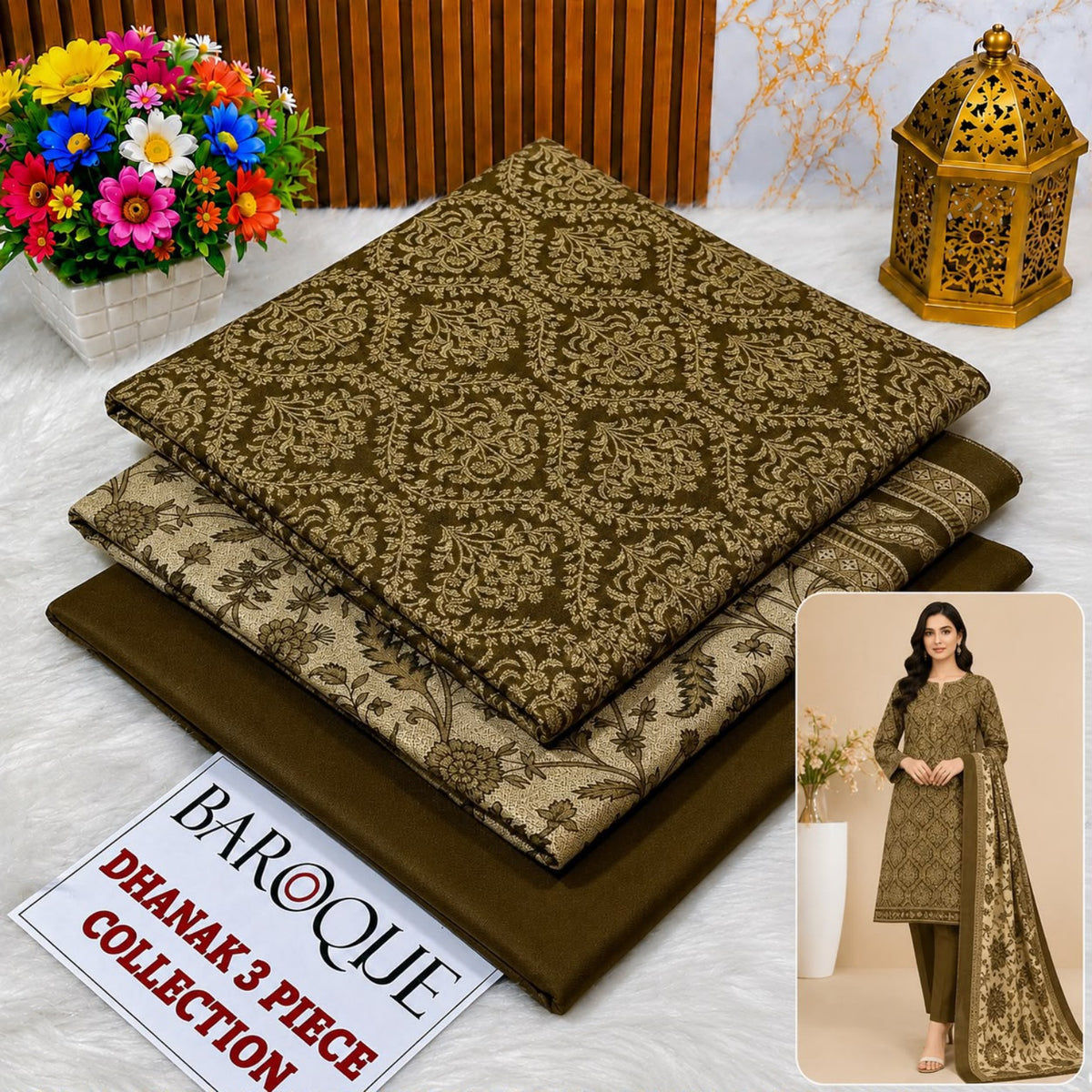 BAROQUE Dhanak 3 Piece Design 04 – Olive Gold Print