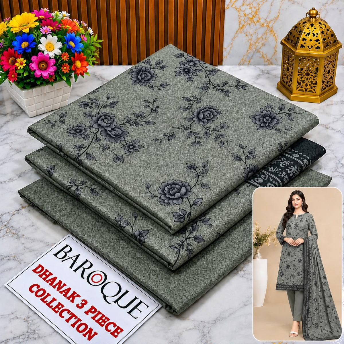 BAROQUE Dhanak 3 Piece Design 05 – Grey Floral