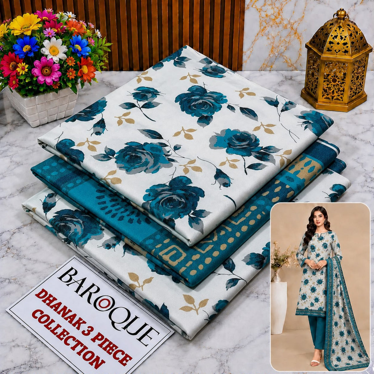 BAROQUE Dhanak 3 Piece Design 06 – White Teal Floral